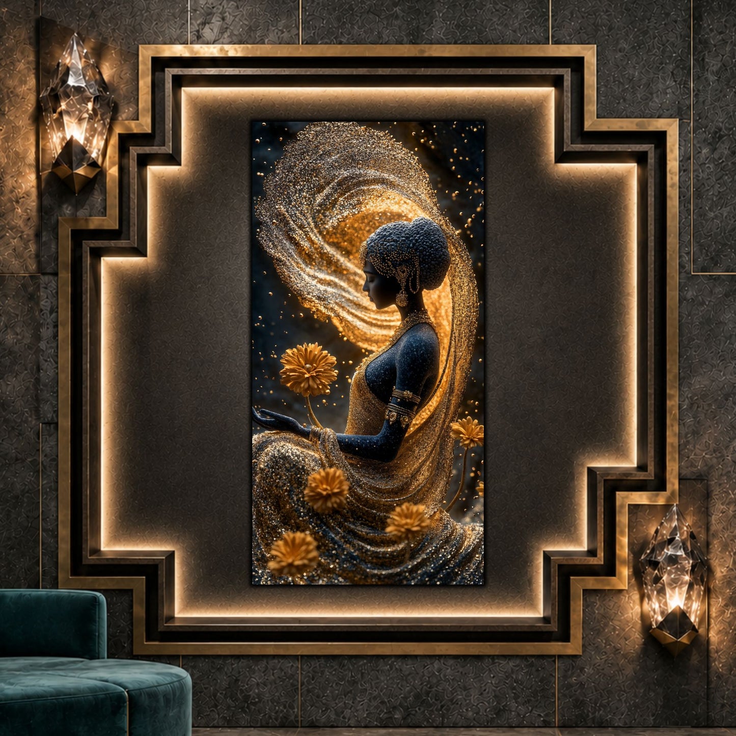 Tablou vertical Ember Orbit pe sticlă securizată, în interior Art Deco întunecat, cu nișă geometrică iluminată