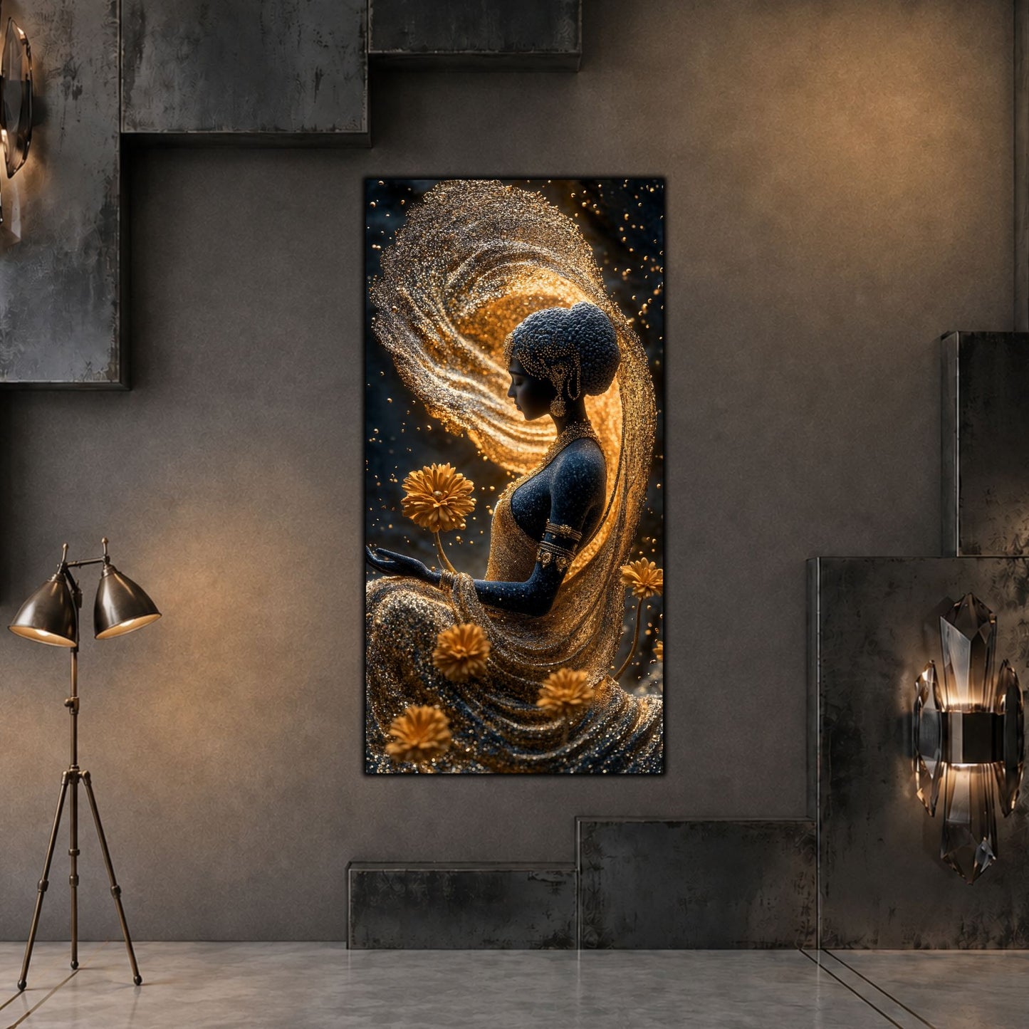 Tablou vertical Ember Orbit pe sticlă securizată, în living contemporan în tonuri grafit, cu lumină laterală caldă