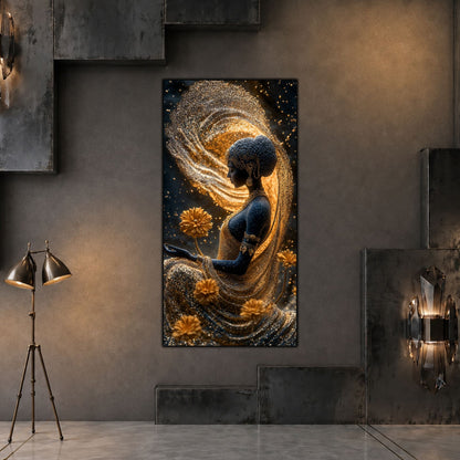 Tablou vertical Ember Orbit pe sticlă securizată, în living contemporan în tonuri grafit, cu lumină laterală caldă