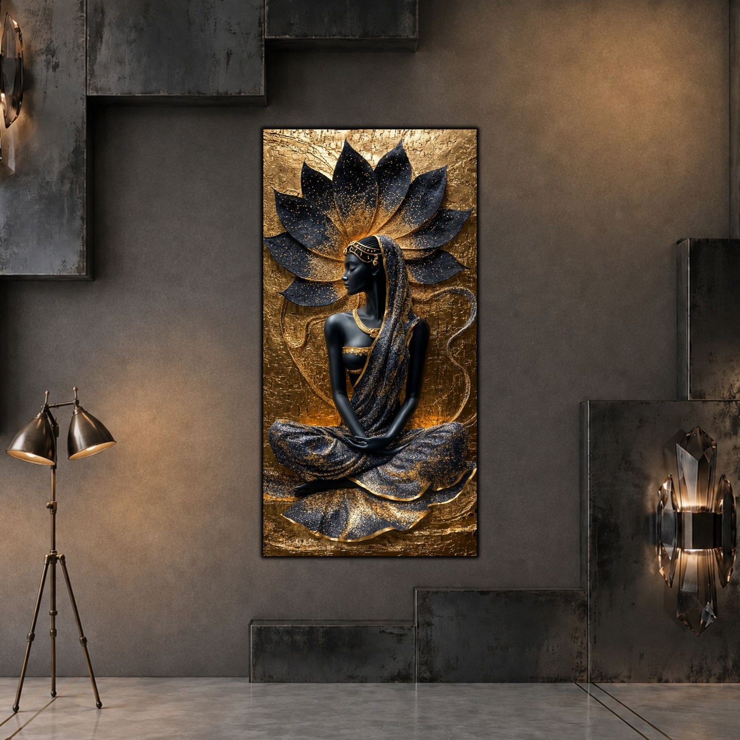 Tablou vertical Lotus Within pe sticlă securizată, în living contemporan în tonuri grafit, cu lumină laterală caldă