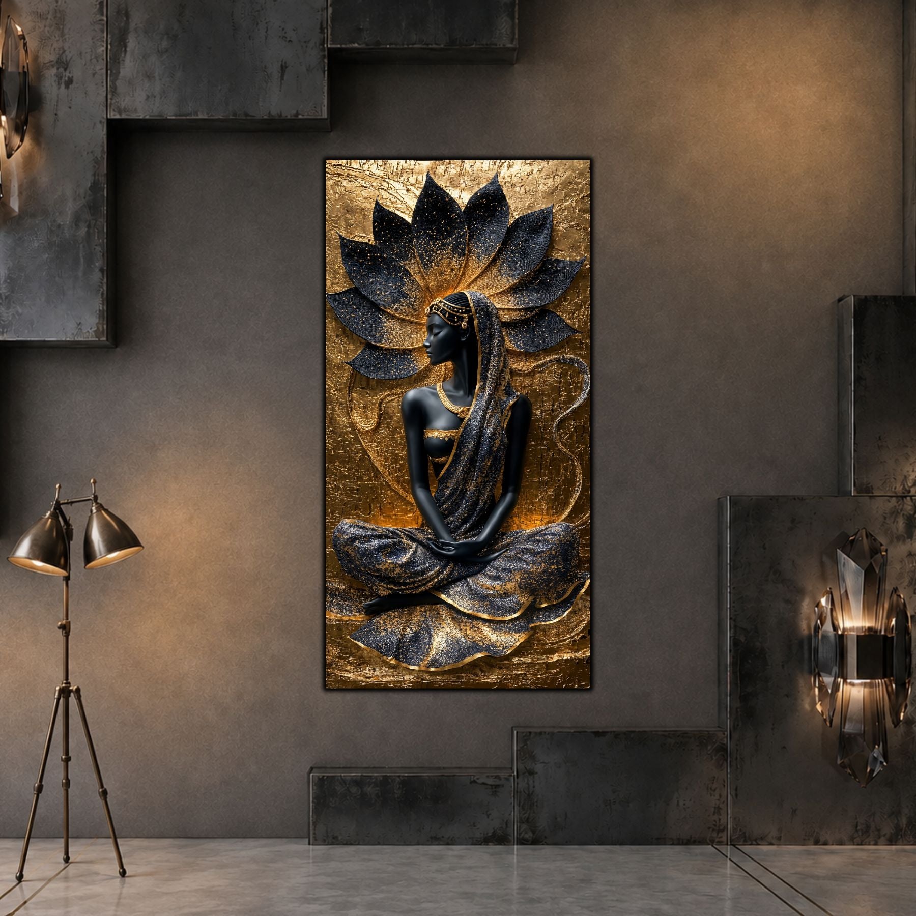 Tablou vertical Lotus Within pe sticlă securizată, în living contemporan în tonuri grafit, cu lumină laterală caldă