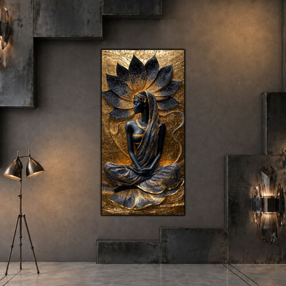 Tablou vertical Lotus Within pe sticlă securizată, în living contemporan în tonuri grafit, cu lumină laterală caldă