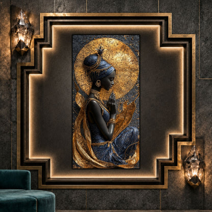 Tablou vertical Quiet Devotion pe sticlă securizată, în interior Art Deco întunecat, cu nișă geometrică iluminată