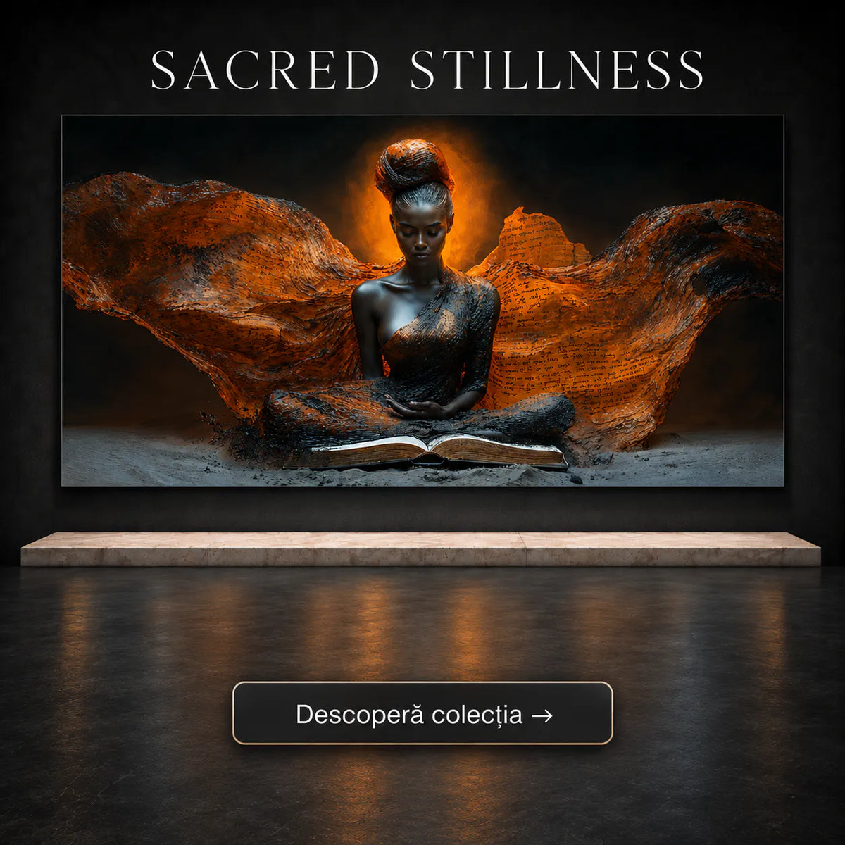 Tablou zen dormitor cu figură în postură de meditație, aripi din pergament sacru și carte – Colecția Sacred Stillness Art Zen