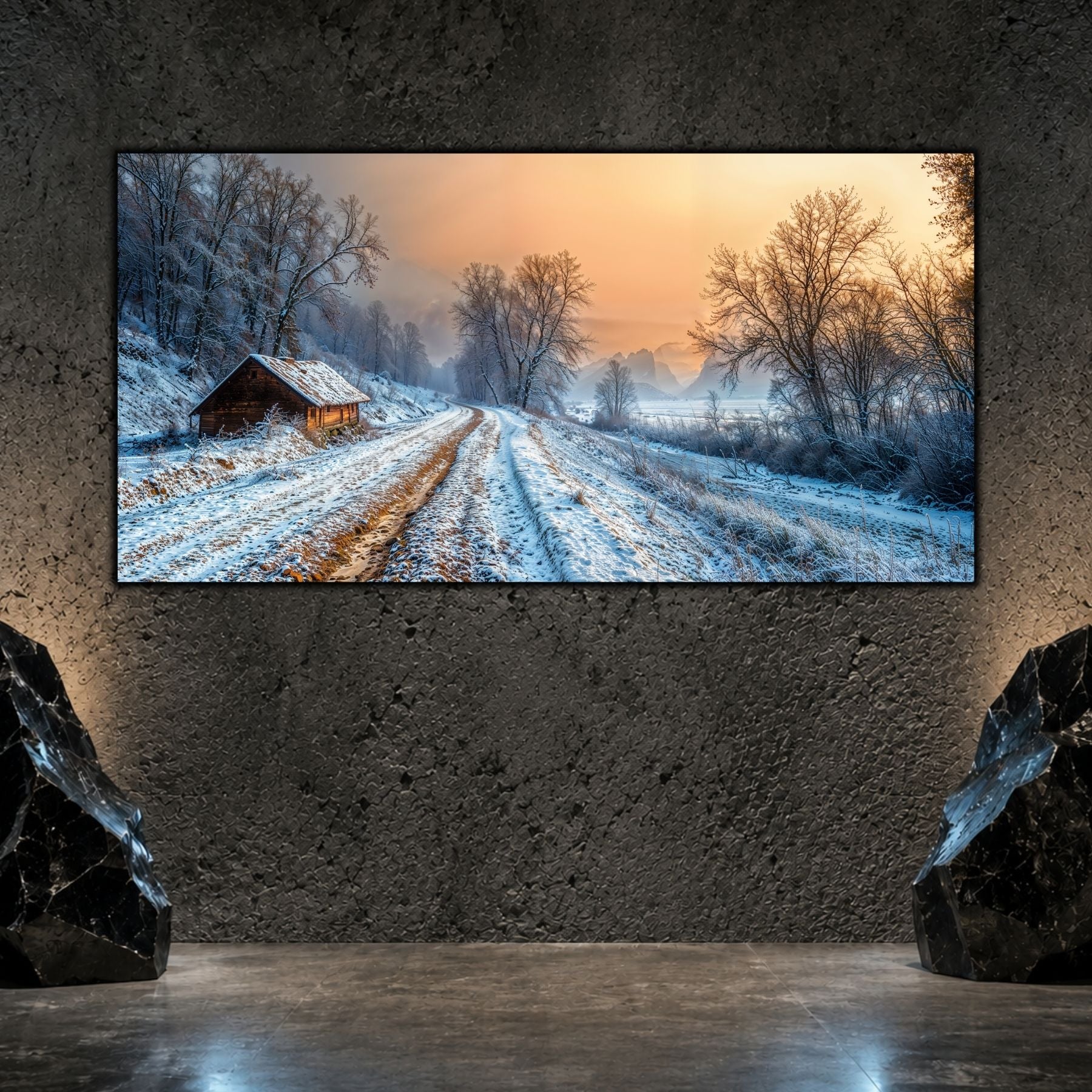 Tablou living elegant „The Unfinished Journey” pe sticlă securizată – mockup într-un living modern
