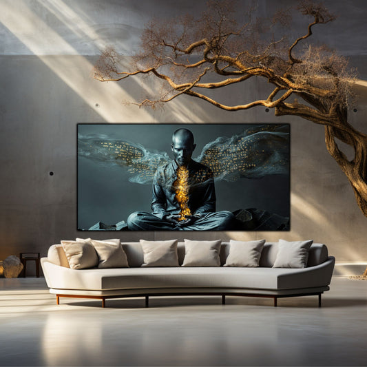 Tablou pe sticlă securizată cu figură meditativă aurie într-un living crem cu copac decorativ uscat