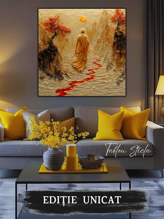 Mockup 1 – Tablou pentru living – Tăcerea călătorului: Mersul așezat printr-o vale luminată, print UV pe sticlă securizată | Art-Zen