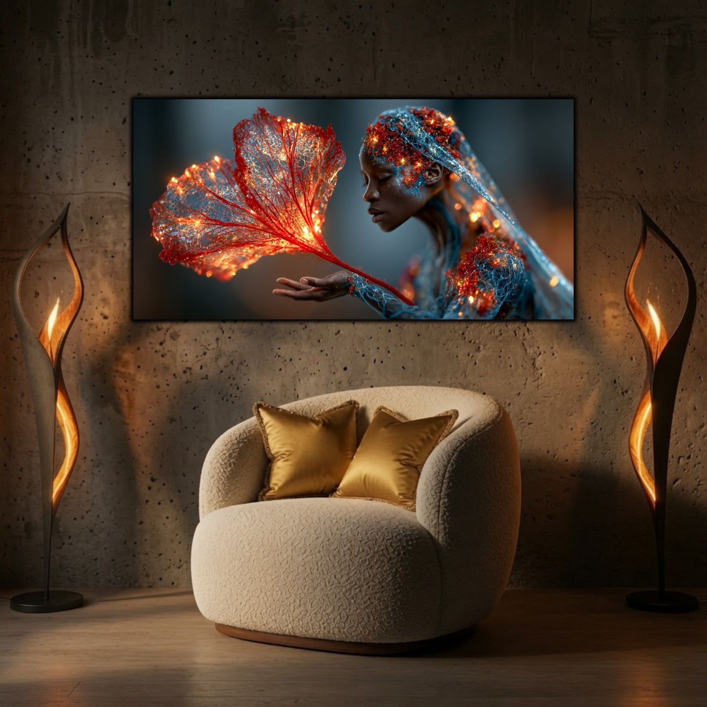 Tabloul decorativ Whispering Flame completează un living modern prin forme eterice, transparențe fine și lumină caldă.