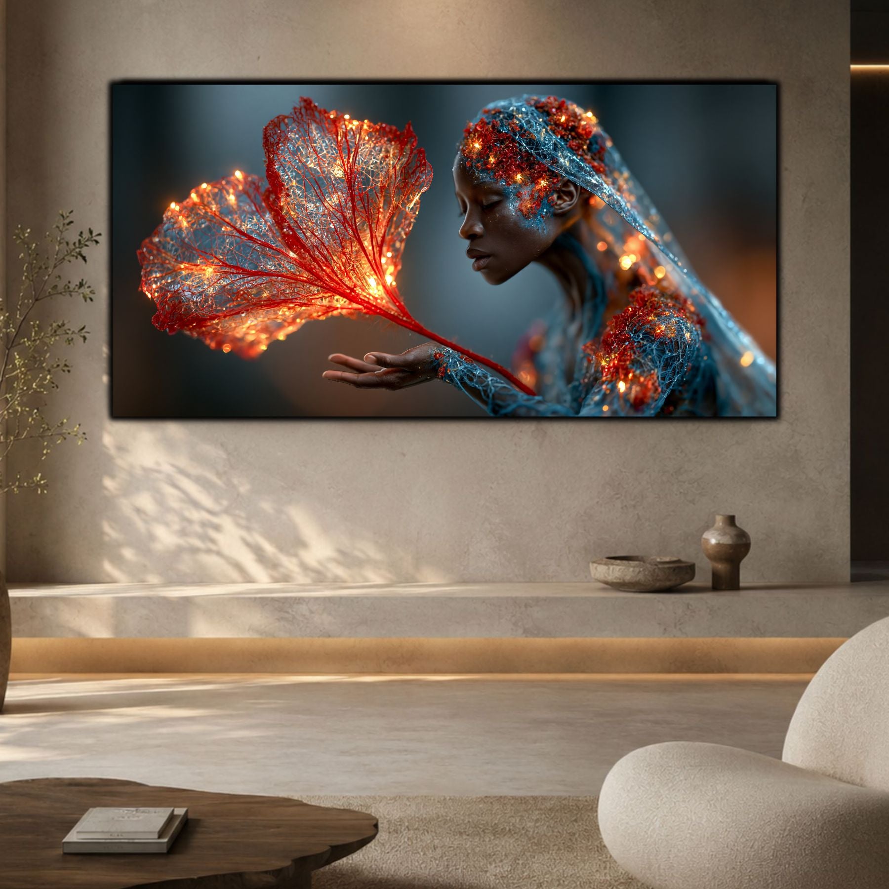Tablou decorativ pe sticlă Whispering Flame integrat într-un decor minimalist pentru sufragerie modernă și spații rafinate.