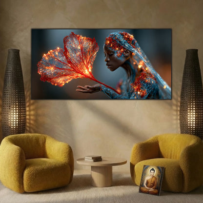 Tabloul Whispering Flame creează o atmosferă calmă într-un spațiu inspirat de estetica zen și designul contemporan.
