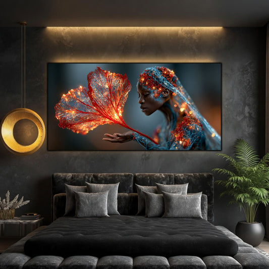 Whispering Flame completează un dormitor modern prin reflexii subtile și o compoziție artistică inspirată de lumina interioară.
