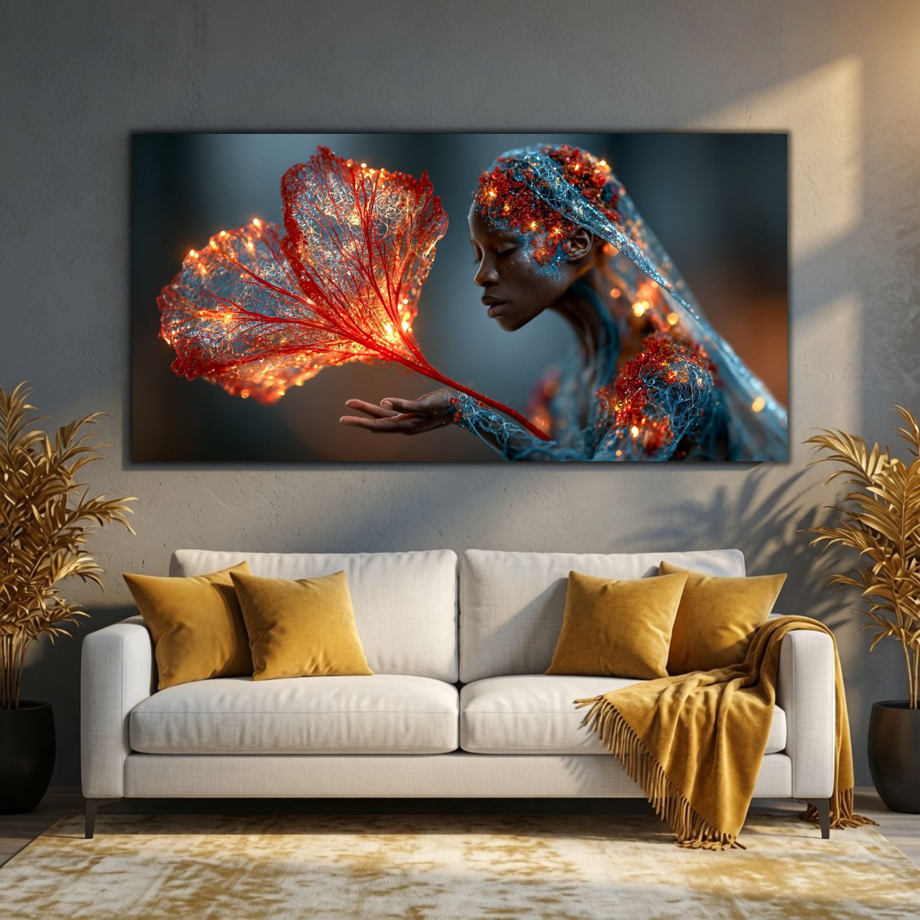 Tablou decorativ Whispering Flame pentru sufragerie și dormitor, imprimat pe sticlă securizată ultra-clară cu detalii de înaltă definiție.