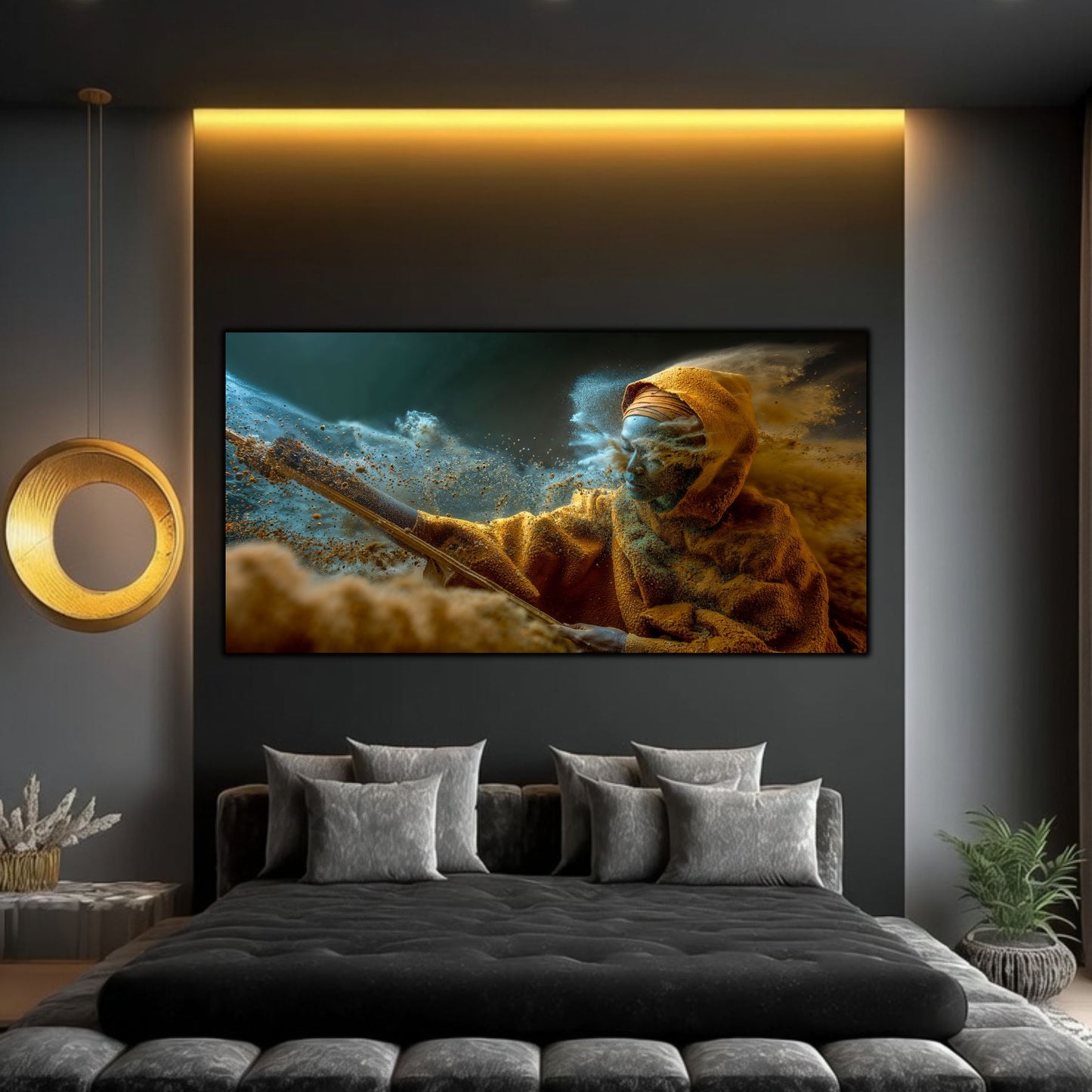 Tablouri living Broken by the Storm – dormitor modern cu iluminare LED și perete închis