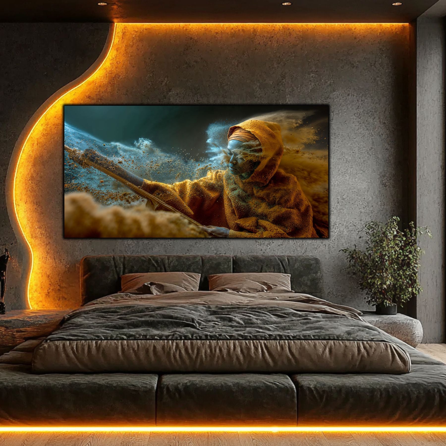 Tablouri living Broken by the Storm – Sadhu furtună nisip, dormitor modern cu iluminare LED aurie