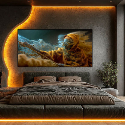 Tablouri living Broken by the Storm – Sadhu furtună nisip, dormitor modern cu iluminare LED aurie