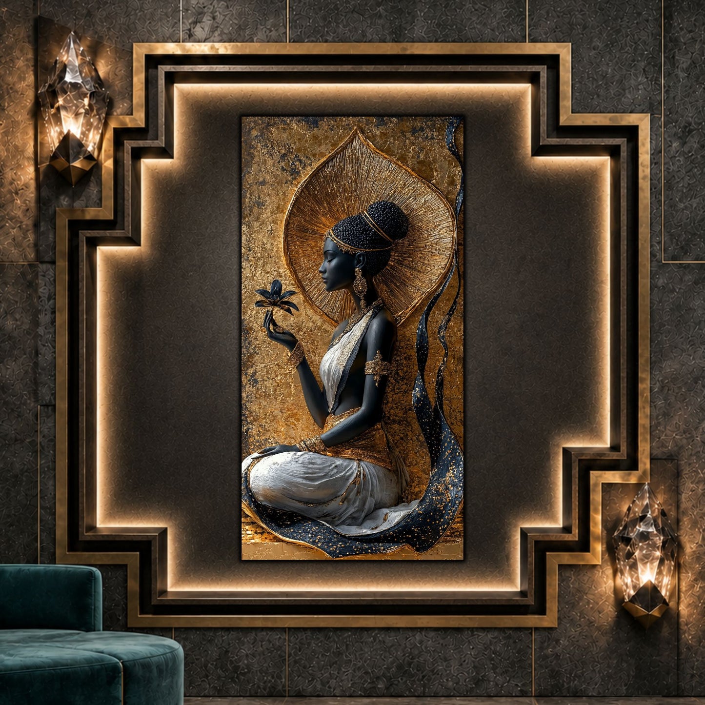 									Tablou vertical Crowned Stillness pe sticlă securizată, în interior Art Deco întunecat, cu nișă geometrică iluminată																										
