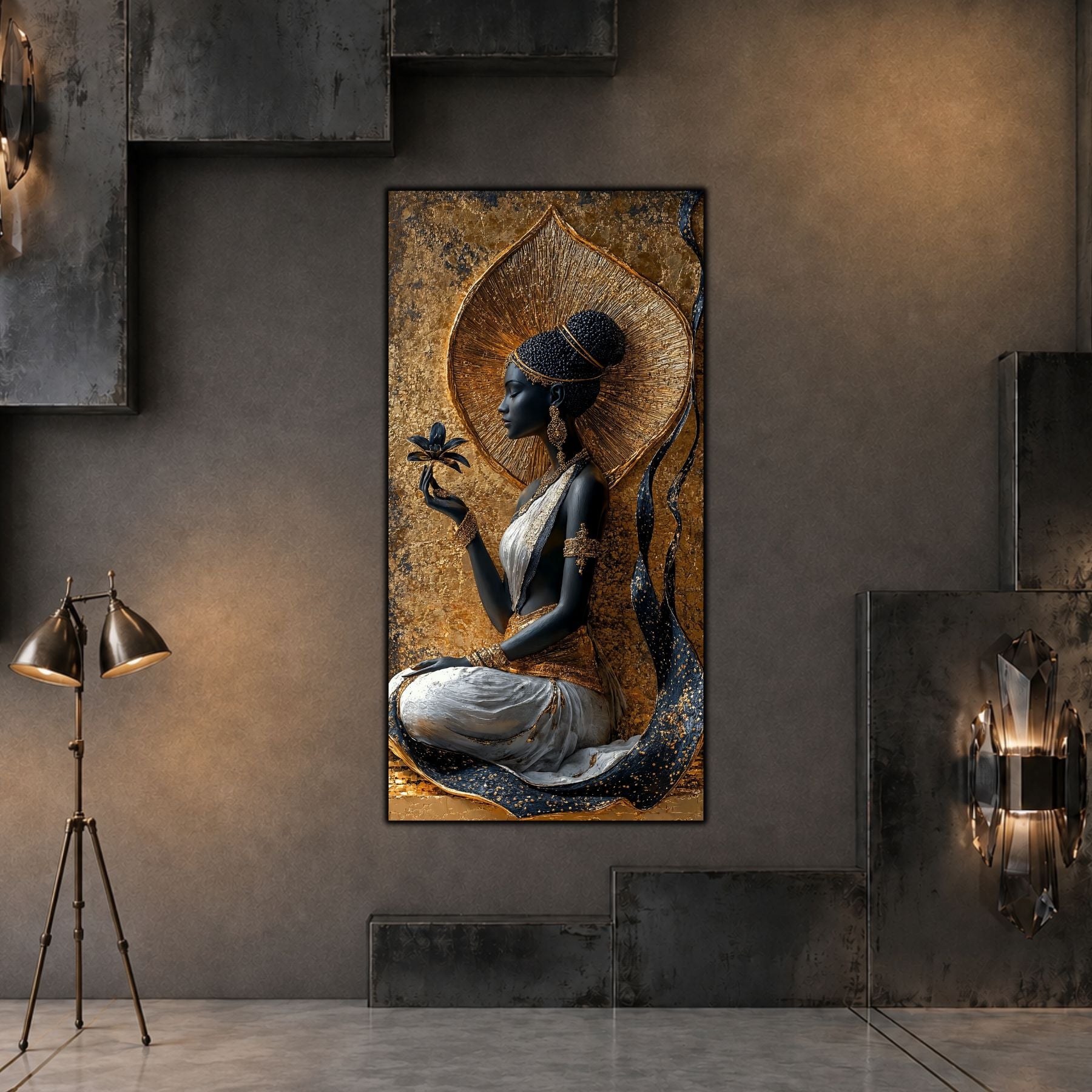 Tablou vertical Crowned Stillness pe sticlă securizată, în living contemporan în tonuri grafit, cu lumină laterală caldă