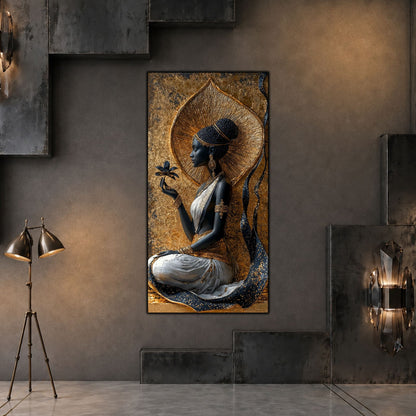 Tablou vertical Crowned Stillness pe sticlă securizată, în living contemporan în tonuri grafit, cu lumină laterală caldă