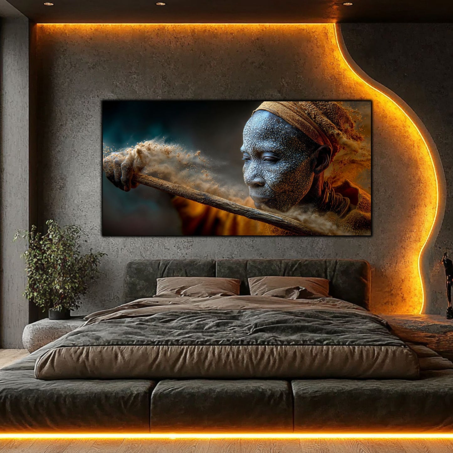 Tablouri living Dizolvare în Furtună – dormitor modern cu iluminare LED și perete închis