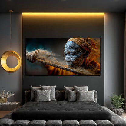Tablouri living Dizolvare în Furtună – Sadhu față crăpată nisip, dormitor modern cu iluminare LED aurie