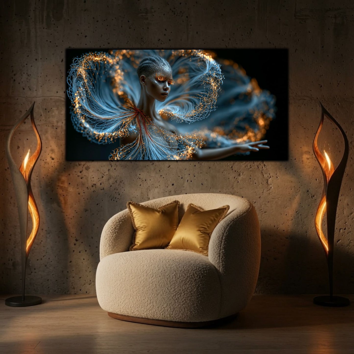 Tabloul decorativ Luminous Echo completează un living elegant prin forme fluide și reflexii luminoase contemporane.