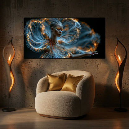 Tabloul decorativ Luminous Echo completează un living elegant prin forme fluide și reflexii luminoase contemporane.