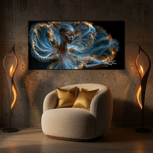 Tabloul decorativ Luminous Echo completează un living elegant prin forme fluide și reflexii luminoase contemporane.