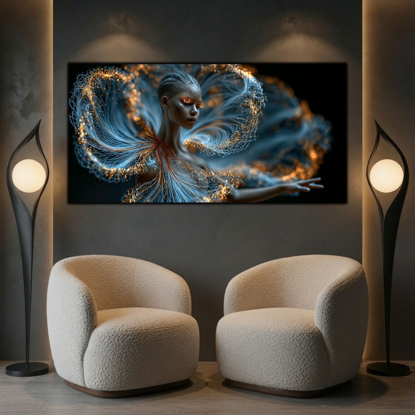 Luminous Echo adaugă dinamism și profunzime unui living premium prin transparențe eterice și lumină aurie.