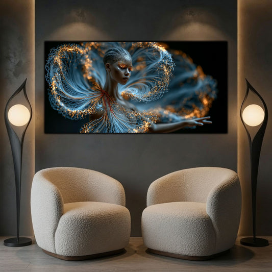 Luminous Echo adaugă dinamism și profunzime unui living premium prin transparențe eterice și lumină aurie.