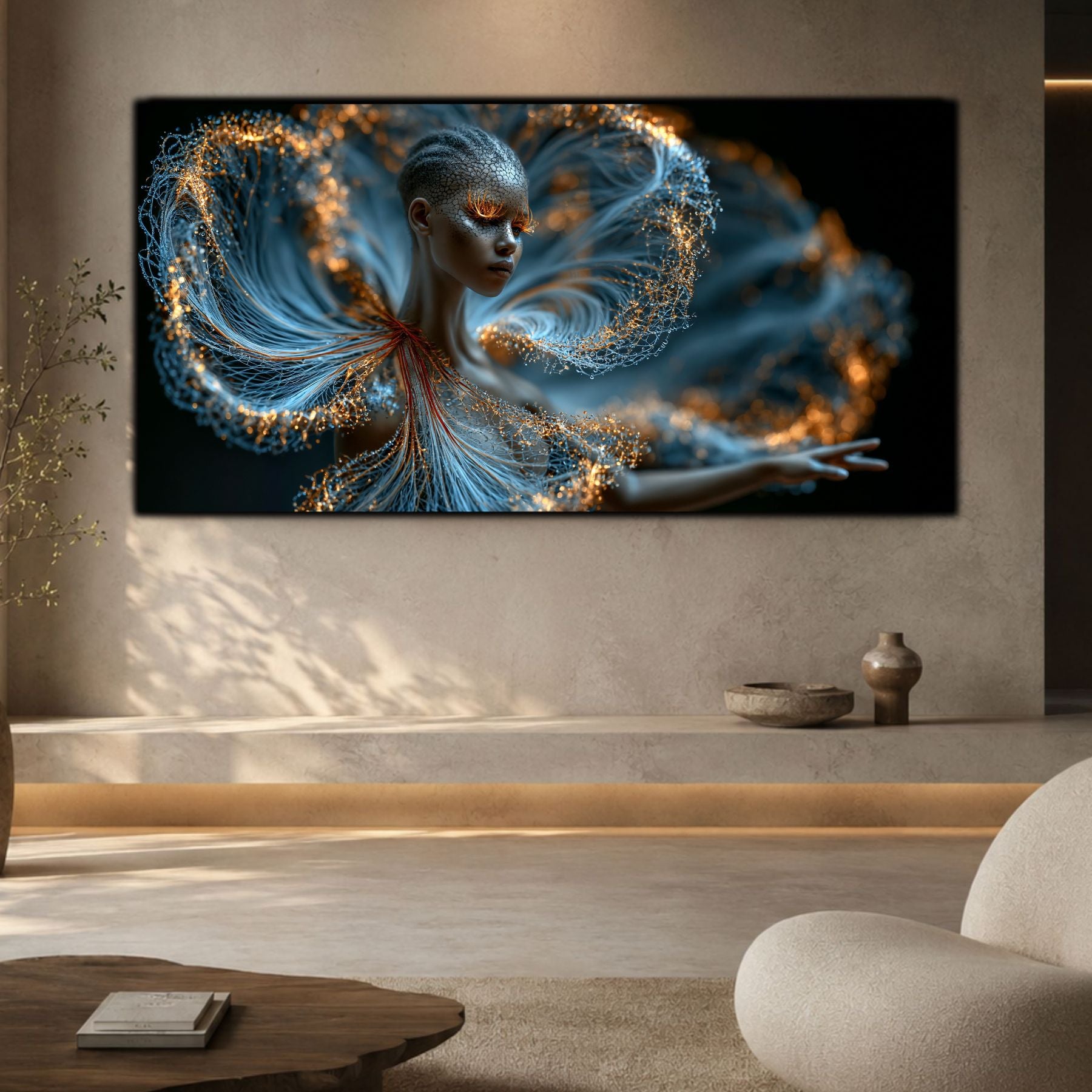 Tablou decorativ pe sticlă Luminous Echo integrat într-un decor minimalist cu design contemporan și atmosferă calmă.