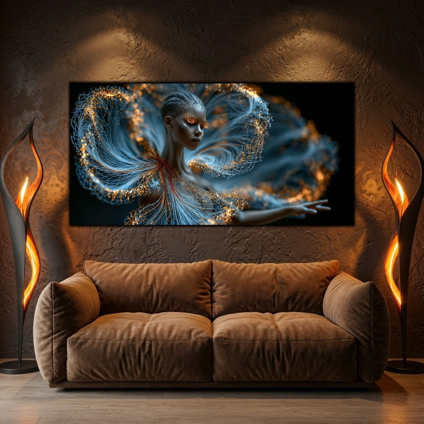 Luminous Echo devine punctul central al unui living modern prin mișcarea delicată a firelor de lumină.