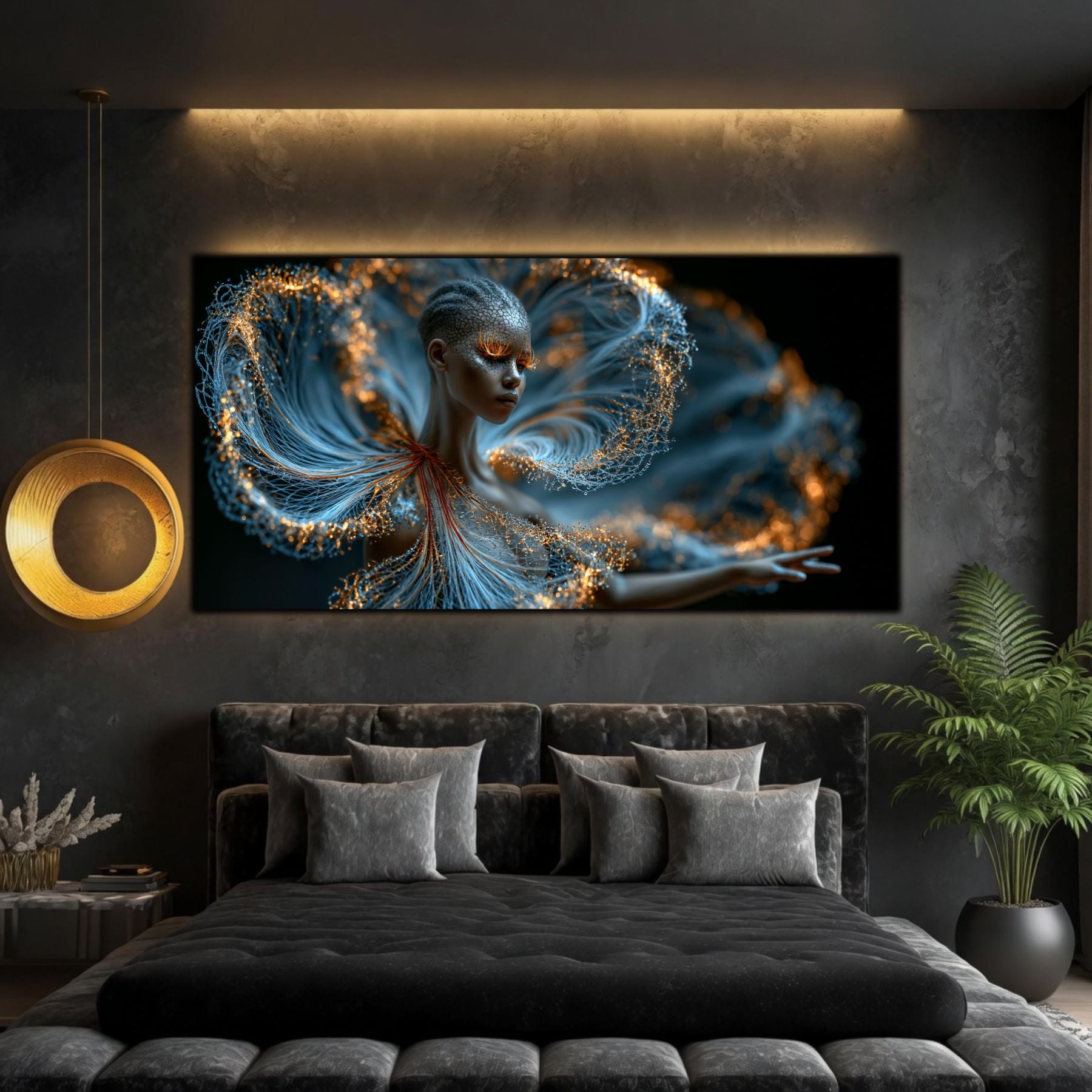 Luminous Echo creează o atmosferă relaxantă într-un dormitor modern prin lumină subtilă și compoziție eterică.