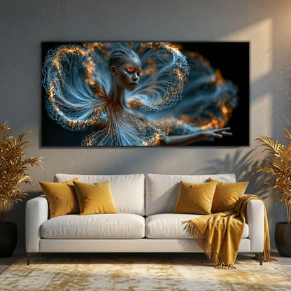 Tablou decorativ Luminous Echo pentru sufragerie și dormitor, realizat pe sticlă securizată ultra-clară și integrat într-un decor contemporan.