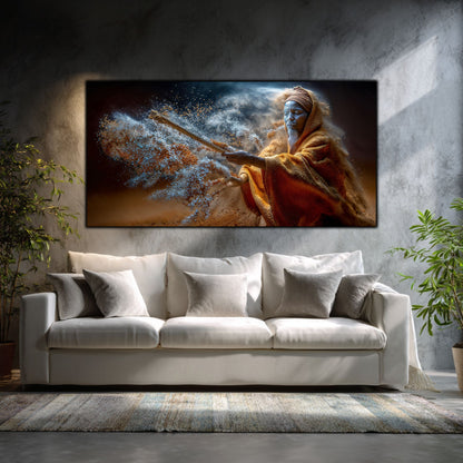 Tablou in living minimalist, cu o canapea alba, cu portretul dramatic al unui calugar care infrunta furtuna.