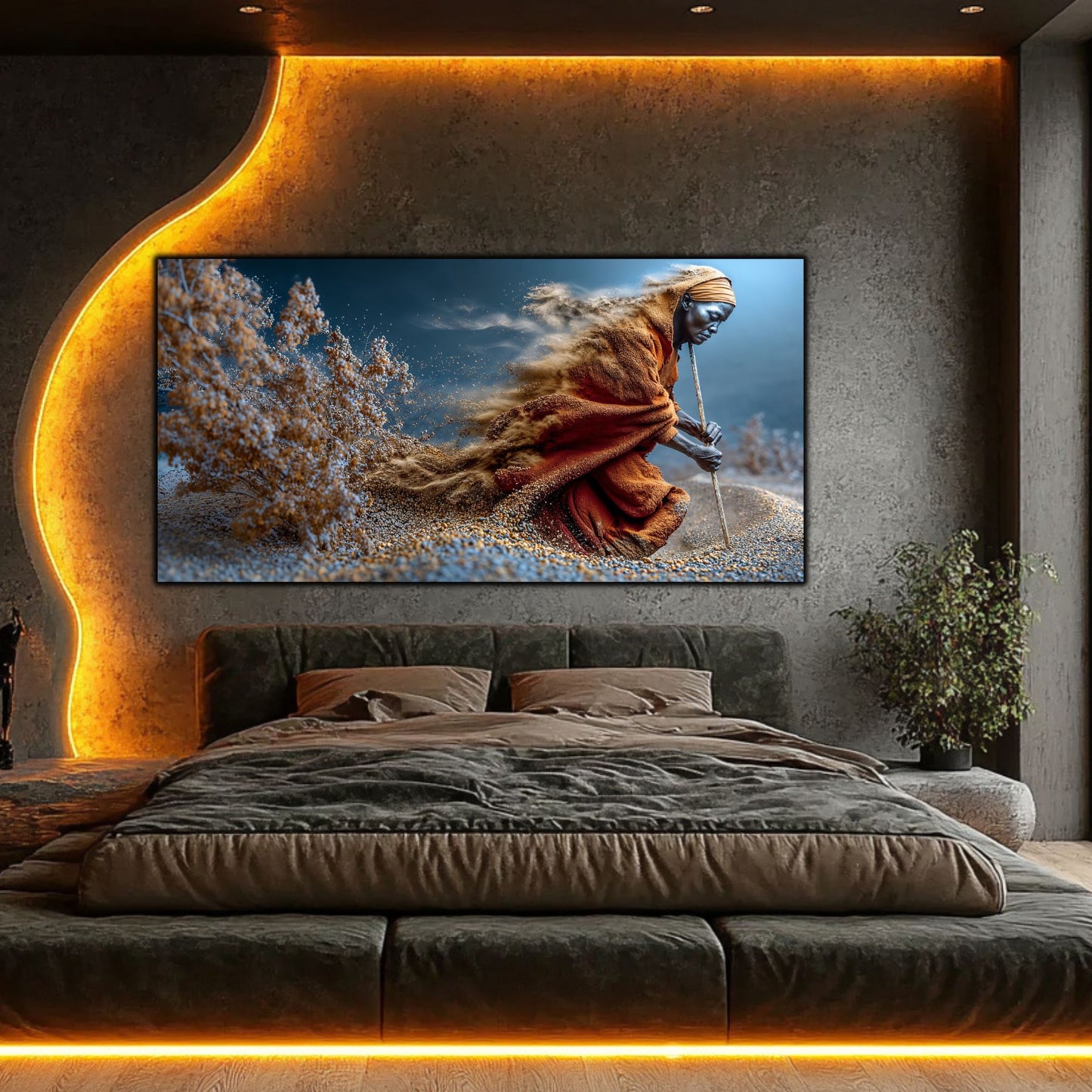 Tablouri living Fragmente – prezentat intr-un dormitor modern cu iluminare LED și perete închis