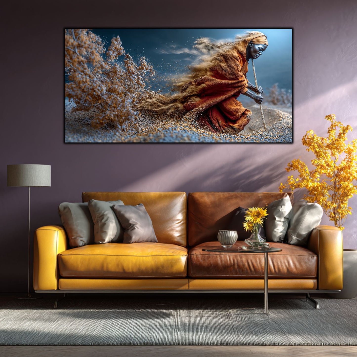 Tablouri living Fragmente – living cu canapea galbenă, deasupra careia e un tablou mare si dramatic cu portret care se lupta cu furtuna.
