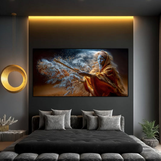 Tablouri living Înfruntare Dramatică – Sadhu bătrân furtună particule albastre portocalii, dormitor modern cu iluminare LED aurie