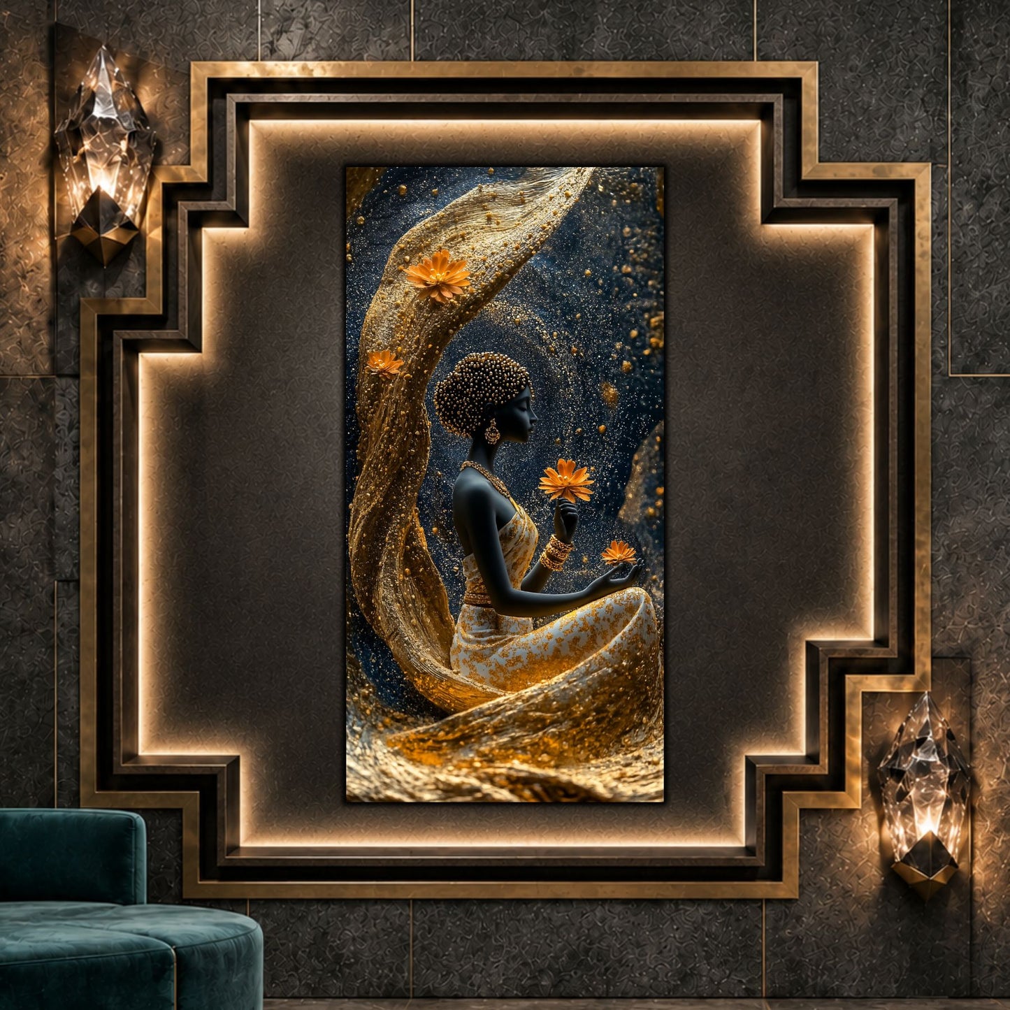 Tablou vertical Luminous Tide pe sticlă securizată, în interior Art Deco întunecat, cu nișă geometrică iluminată									