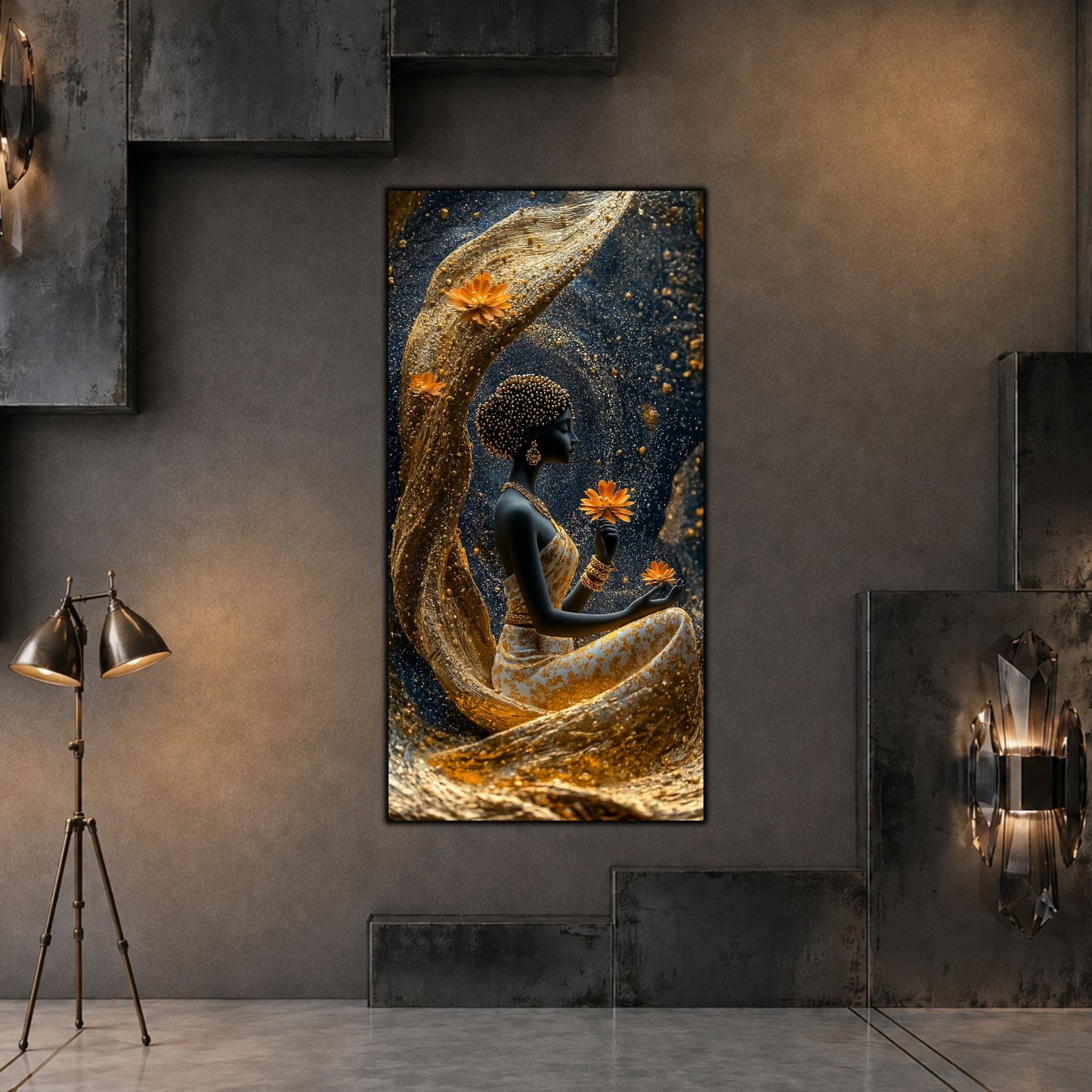 Tablou vertical Luminous Tide pe sticlă securizată, în living contemporan în tonuri grafit, cu lumină laterală caldă																				