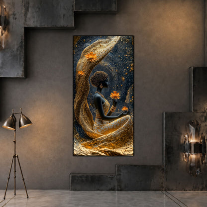 Tablou vertical Luminous Tide pe sticlă securizată, în living contemporan în tonuri grafit, cu lumină laterală caldă																				