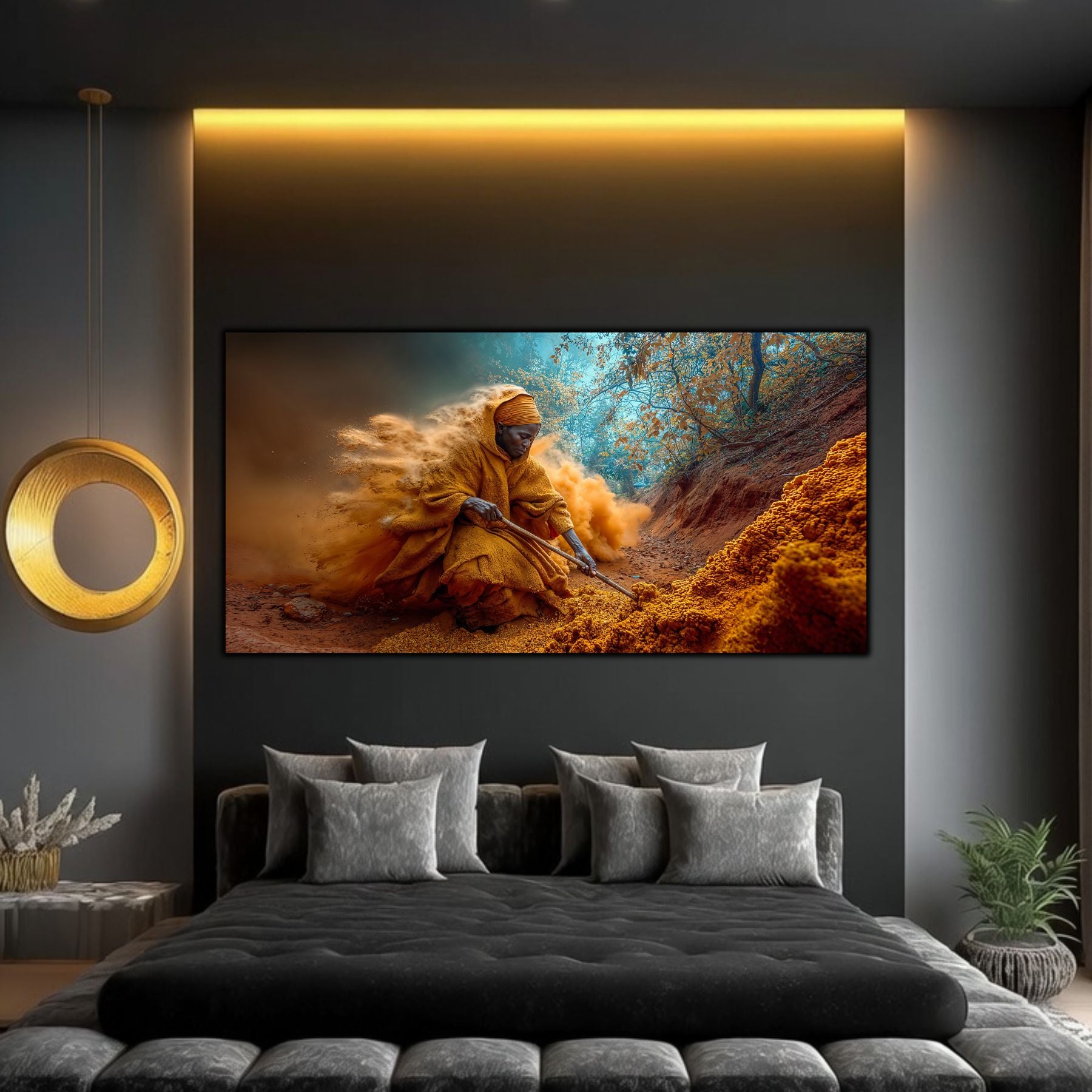 Tablouri living Nisip în Vânt – Sadhu orchestrând furtuna de nisip, dormitor modern cu iluminare LED aurie
