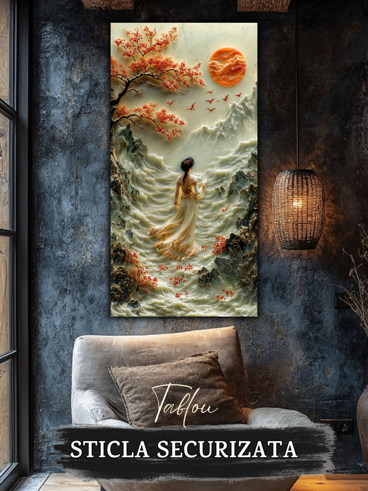 Mockup 1 – Tablou pentru living – Soarele dintre ramuri: O prezență fină și păsări sub luna portocalie, print UV pe sticlă securizată | Art-Zen