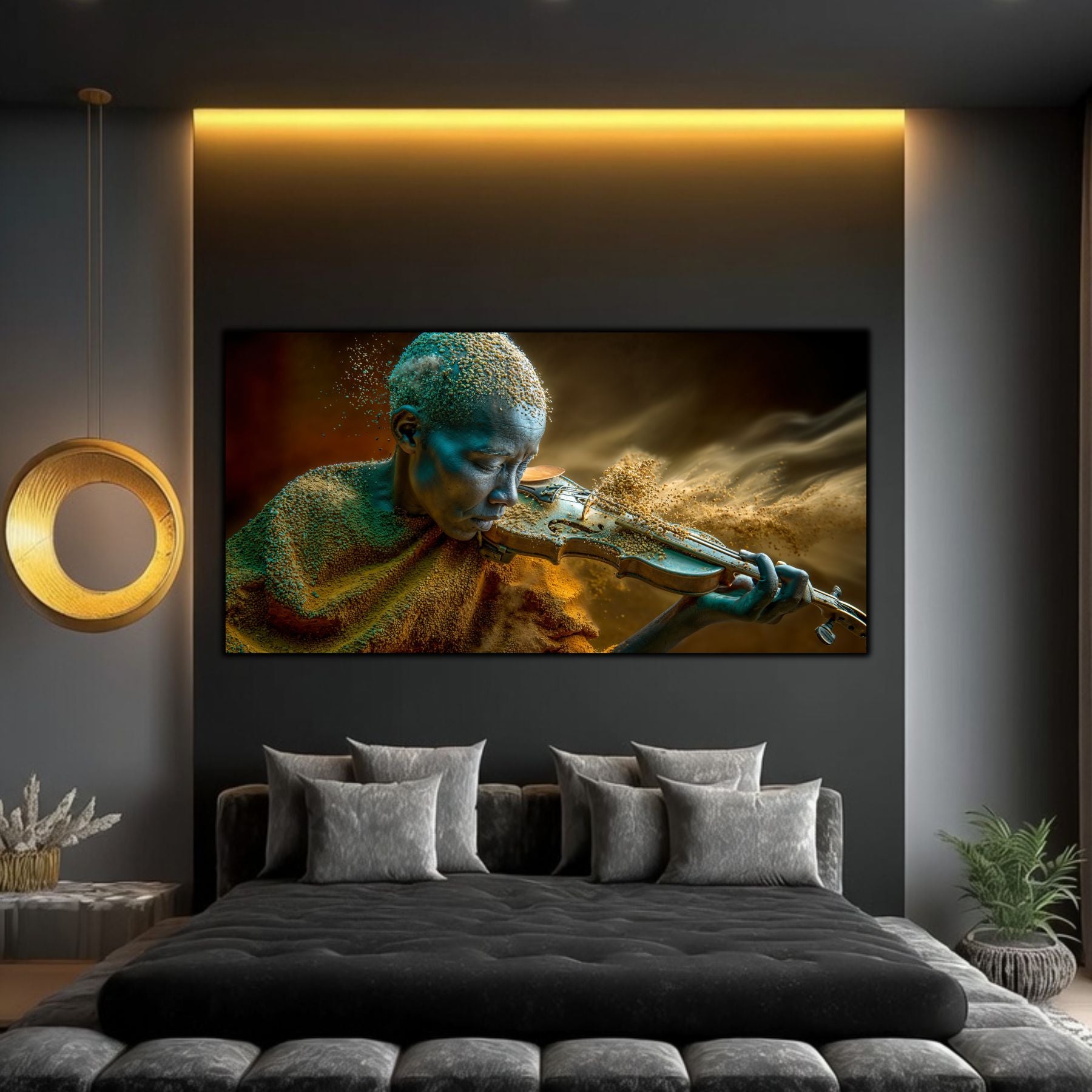 Tablouri sufragerie Înăuntrul Furtunii – violonist mistic nisip auriu, dormitor modern cu iluminare LED aurie