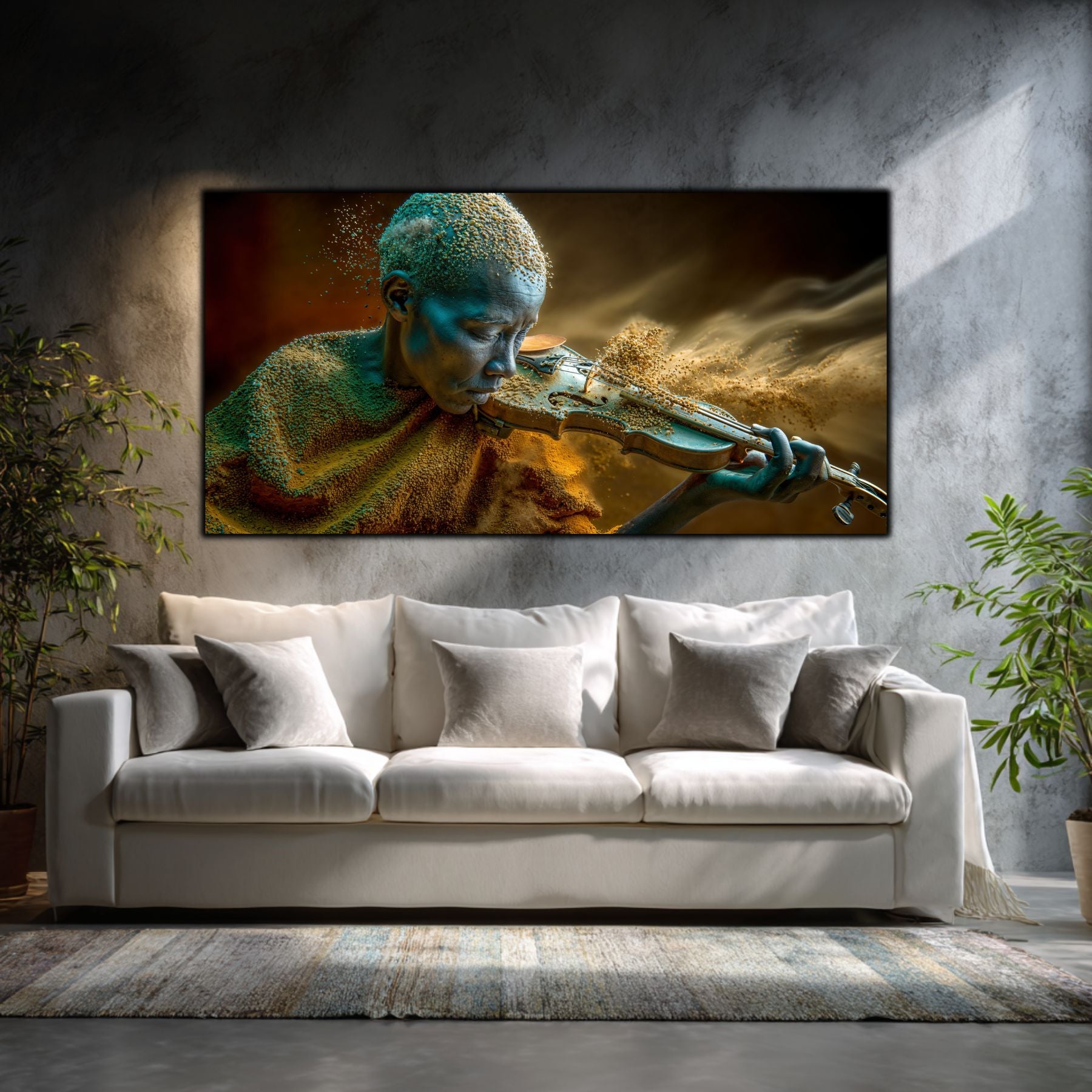Tablouri sufragerie Înăuntrul Furtunii – living minimalist cu canapea albă și perete beton