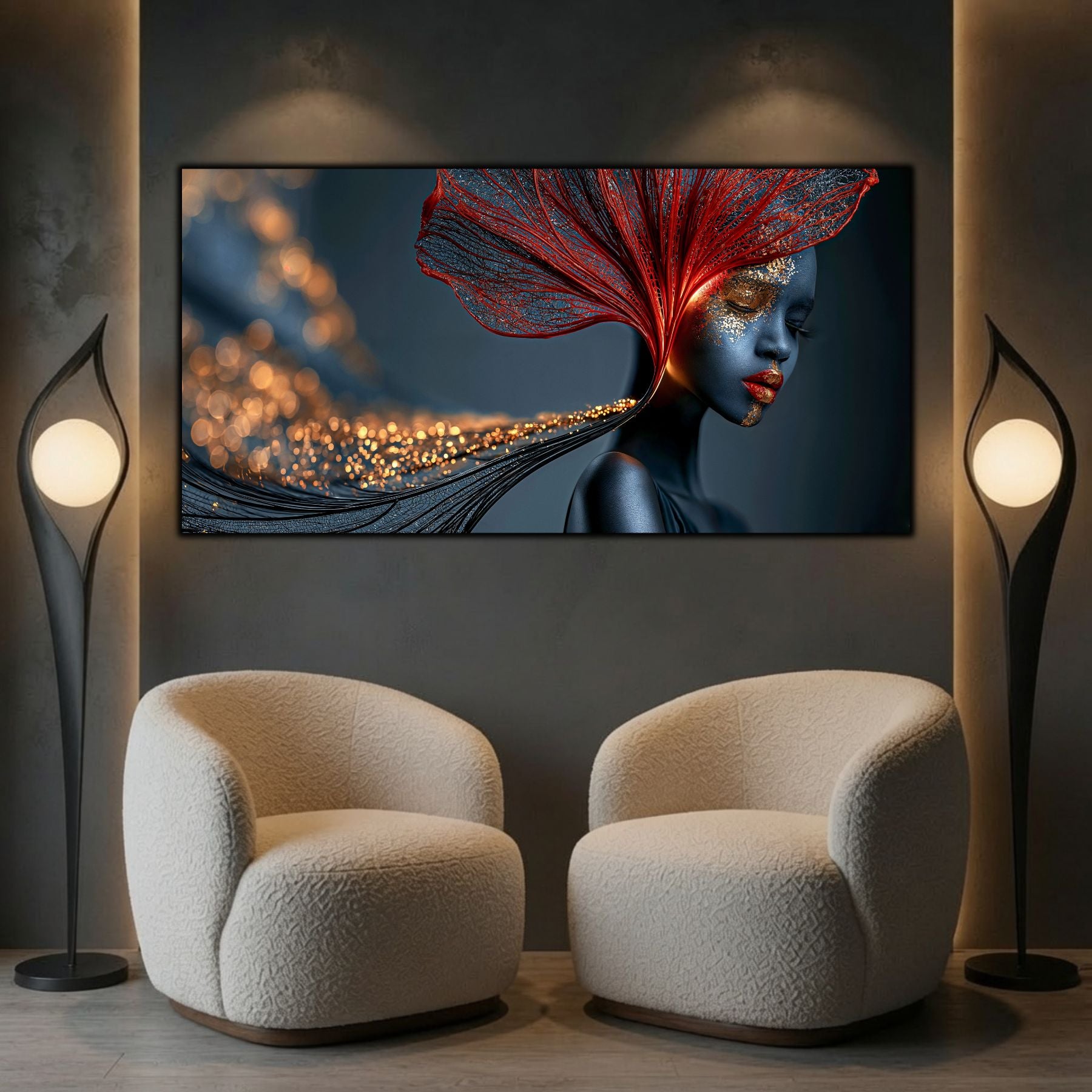 Tablou elegant pentru sufragerie, Red Amber Veil adaugă profunzime și căldură unui interior contemporan prin lumina sa vibrantă.