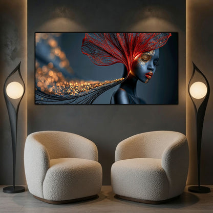 Tablou elegant pentru sufragerie, Red Amber Veil adaugă profunzime și căldură unui interior contemporan prin lumina sa vibrantă.