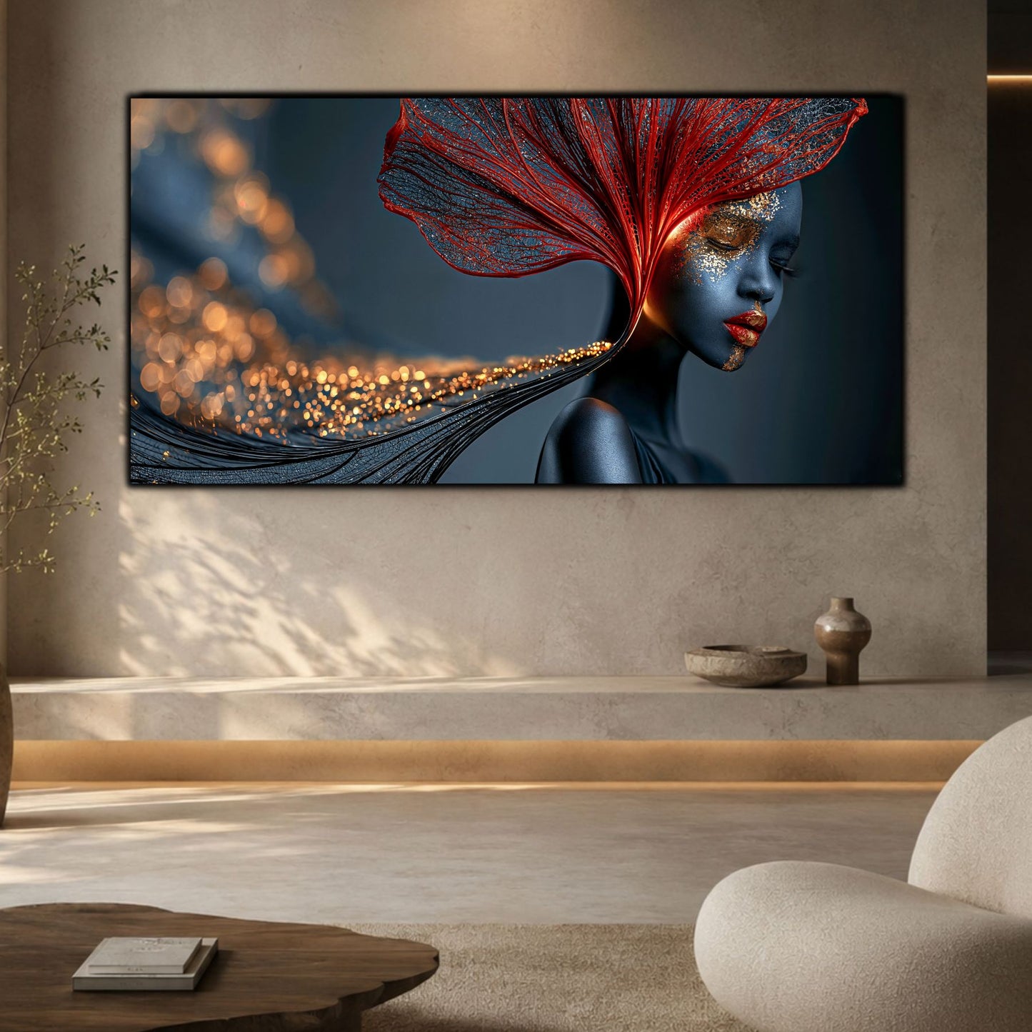 Tablou pe sticlă Red Amber Veil integrat într-o sufragerie modernă, unde reflexiile luminoase și designul rafinat definesc atmosfera.