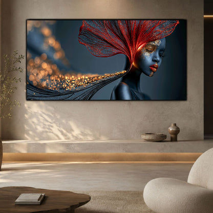 Tablou pe sticlă Red Amber Veil integrat într-o sufragerie modernă, unde reflexiile luminoase și designul rafinat definesc atmosfera.