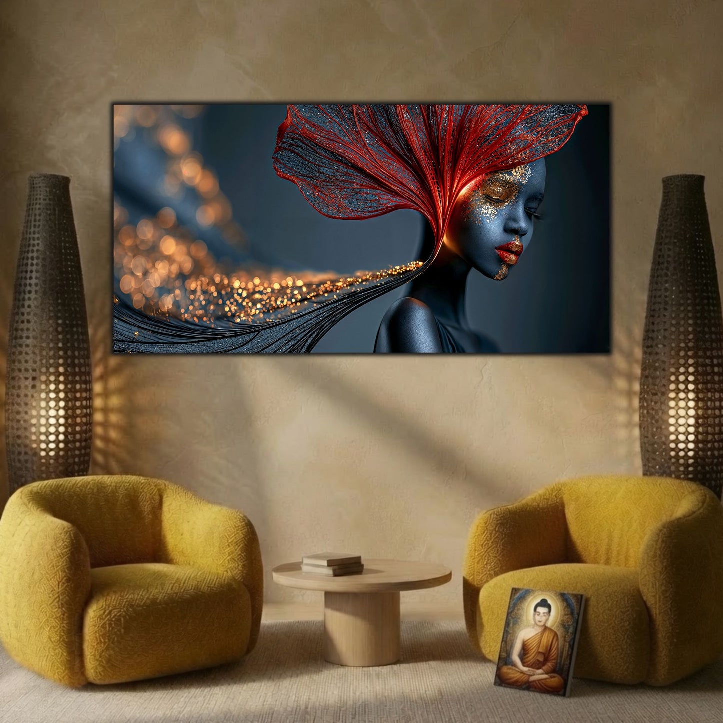 Tablou modern pentru sufragerie, Red Amber Veil îmbină transparențele eterice cu tonurile intense de roșu și chihlimbar într-o compoziție premium.