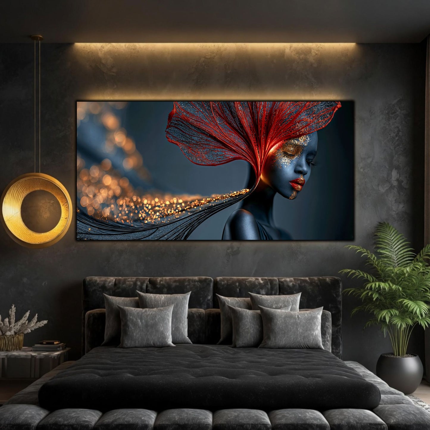 Red Amber Veil completează un decor elegant prin contrastul dintre lumina caldă și detaliile fine imprimate pe sticlă securizată.